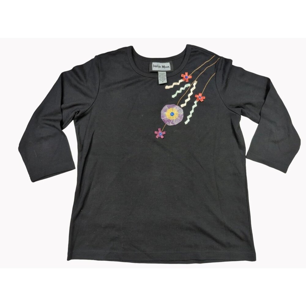 Indigo Moon Size S Womens Vintage Ribbon Embroidered Black 3/4 Sleeve Shirt